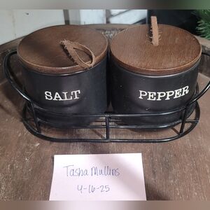 Black Salt and Pepper Shakers with Wooden Lids
